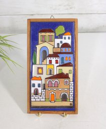 Mid Century Greek Ceramic Wall Tile  Angelo Tsakirakis  Colorful Village Scene  8.5 X 4.5'