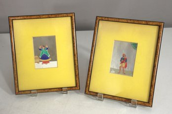Pair Of 8.5 X 7 Framed Indian Miniature Paintings On Silk  Traditional Folk Art