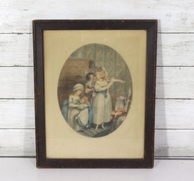 Framed Oval Victorian-Style Childrens Scene Print  Antique Decorative Art  15' X 12'
