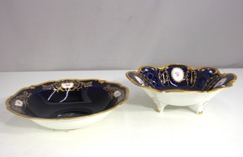 Cobalt Blue & Gold Porcelain Serving Bowls  Hand-Painted Floral Design