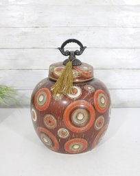 Decorative Lidded Ginger Jar 12.5' Tall  Red & Gold Circular Motif W/ Metal Handle & Tassel