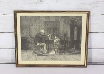 Framed Antique-Style Genre Print  Elder Teaching Child  Interior Scene  11' X 14'