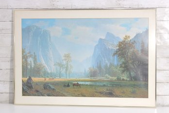 Large Framed Albert Bierstadt Landscape Print  Yosemite Valley Scene W/ Native American Figures  27' X 40'