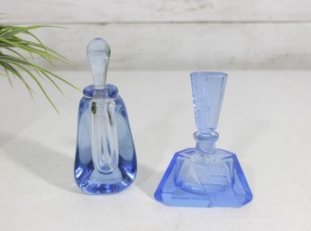 Pair Vintage Blue Art Glass Perfume Bottles  Faceted & Stoppered  5 & 6'