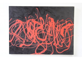Modern Unsigned Red On  Black Abstract Tube Drip Tachisme Painting