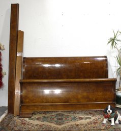 Queen-Size.  Burl Wood Sleigh Bed With Ornate Carved Details