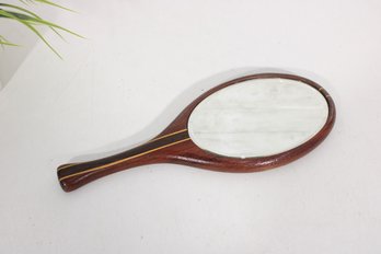 Vintage Wood Hand Mirror  Oval Mirror With Inlaid Handle  1.5 Thick