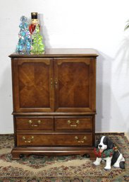 Vintage Wooden Media Cabinet With Storage Drawers And Drop-Front Panel