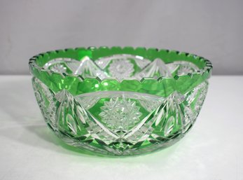 Stunning Hand-Cut Lead Crystal Bowl  Emerald Green & Clear  4.5' H X 9' Round
