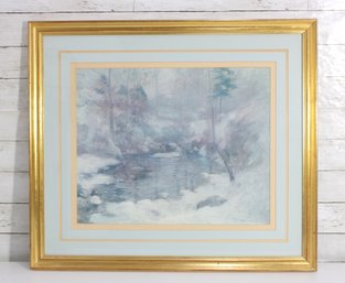 Framed Winter Landscape Art Print Signed  Snowy Stream Scene  26.5' X 30.5'
