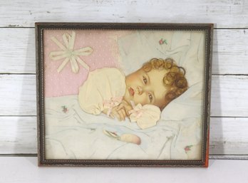 Framed Vintage Baby Portrait Print  Sleeping Child Illustration  10.5' X 12.5'