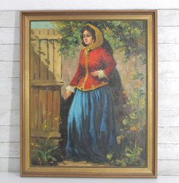 Vintage Framed Portrait Painting Of Woman In Red Shawl  Signed  34' X 28.5'
