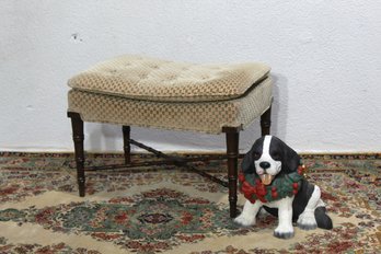 Vintage Upholstered Stool With Cross-Stretcher Base
