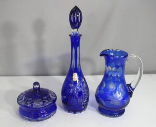 Bohemian Cobalt Blue Cut-to-Clear Crystal Set  Pitcher, Decanter & Covered Dish