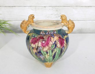 Vintage Majolica Style Art Pottery Vase 8 Tall  Figural Handles  Floral Relief  -Damage Noted