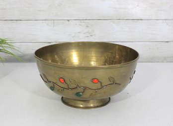 1970s Chinese Brass Tone Bowl W/ Applied Gemstone Accents 10.5 Round ( 1 Stone Missing)