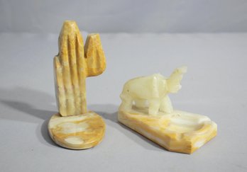 Vintage Alabaster Cactus Shape 3 Burner Incense & Elephant Figurine Ashtray