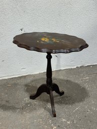 Vintage Stenciled Accent Table With Scalloped Top  Hand-Painted Floral Design