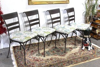 Set Of Four Metal Dining Chairs With Floral Cushions