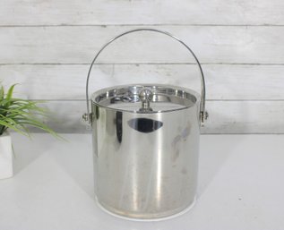 Vintage Chrome Ice Bucket W/ Lid & Handle 7 Tall X 6.5 Round  Mid Century Barware