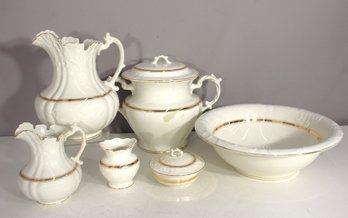Antique White & Gold Porcelain Wash Basin Set  Pitchers, Tureen & Bowl