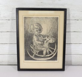 Vintage 1959 Signed Etching  Child On Rocking Horse  M. Schiptz  Framed 17' X 13'