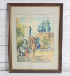 Signed Fred Randolph 1966 Framed Watercolor Painting  Middle Eastern Market Scene  26.5' X 20'