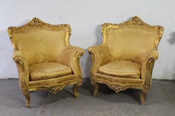 Pair Of Antique Louis XV Style Giltwood Armchairs With Original Damask Upholstery