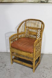 Vintage Bamboo And Rattan Armchair With Woven Cane Seat And Leather Cushion  37'H X 23'W X 18.5'D