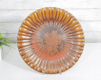 Large Vintage Art Glass Charger Plate  Amber & Orange Speckled  Ribbed Edge  13.5