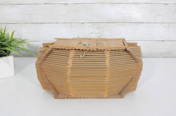 Vintage Handmade Wood Popsicle Stick Basket  Rustic Folk Art Storage Box  6.5'H X 13'W X 6'