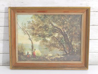 Vintage Framed Pastoral Landscape Print  Figures By Lake Under Trees  15' X 18.5'