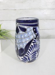 Blue & White Mexican Pottery Vase  Hand Painted Floral Design  8.5 H