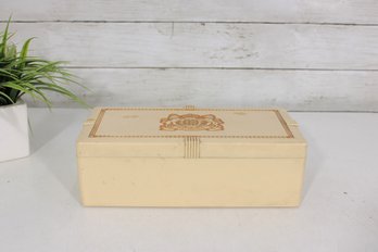 Vintage Decorative Storage Box W/ Gold Crest Design  Cream Tone Hinged Case  3.5'H X 10.5'W X 5'D