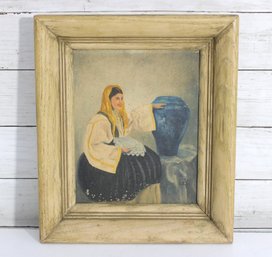 Vintage Framed Folk Art Painting Of Woman With Water Jar  Signed  Oil On Board  13.5' X 11.5'