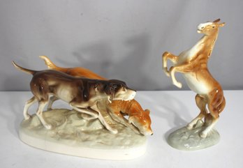 Royal Dux Vintage Porcelain Figurines  Rearing Horse (12 H) & Hunting Hounds