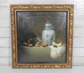 Vintage Signed Still Life Oil Painting  Par  Fruit & Ginger Jar  Framed  21 X 20'