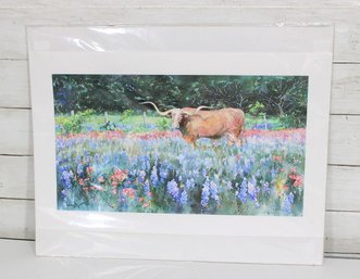 Kim Andry Signed Limited Edition Print  Texas Longhorn In Bluebonnets  27/100  14.5 X 20