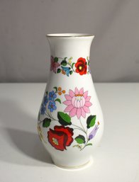 Kalocsa Hand Painted Porcelain Vase From Hungary Floral Gold Trim 7.5' Tall