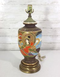 Vintage Asian Figural Hand-Painted Ceramic Table Lamp With Brass Base  20'