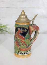 Vintage German Jgerfreude Lidded Beer Stein W/ Deer & Hunter Relief  Pewter Lid  9' H