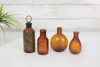 Lot Of 4 Antique Amber Glass Bottles  Apothecary / Medicine Bottles  Vintage Pharmacy