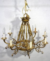 Antique Brass & Crystal 8-Light Chandelier  Ornate Scrollwork  28' H X 29' Round