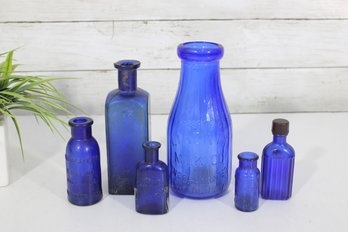 Collection Of Antique Cobalt Blue Apothecary & Medicine Bottles  Embossed Glass  Lot Of 6