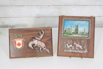 Vintage Canada Souvenir Wall Plaques (2)  Toronto City Hall & Rodeo Horse Relief  Metal On Wood
