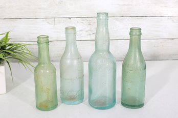 Lot Of 4 Antique Aqua Green Glass Bottles  Early Soda / Beer Bottles  Vintage Glass Collection