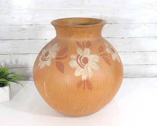 Large Vintage Hand-Painted Terracotta Vase With Floral Design  17