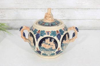 Vintage Gerzit German Castle Punch Bowl W/ Lid  Hand Painted Relief  Original West Germany  10.5' H