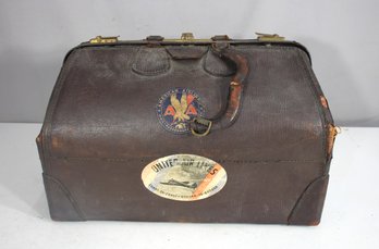 Antique Leather Doctors Bag  American Airlines & United Air Lines Travel Stickers  12 H X 18 W X 10 D