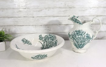 Vintage Flax England Green Transferware Bowl & Pitcher Set  Floral  16 Bowl / 12 Pitcher